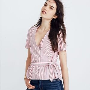 Women’s Madewell Pink White Striped Ruffle Hem Wrap Top Size XS